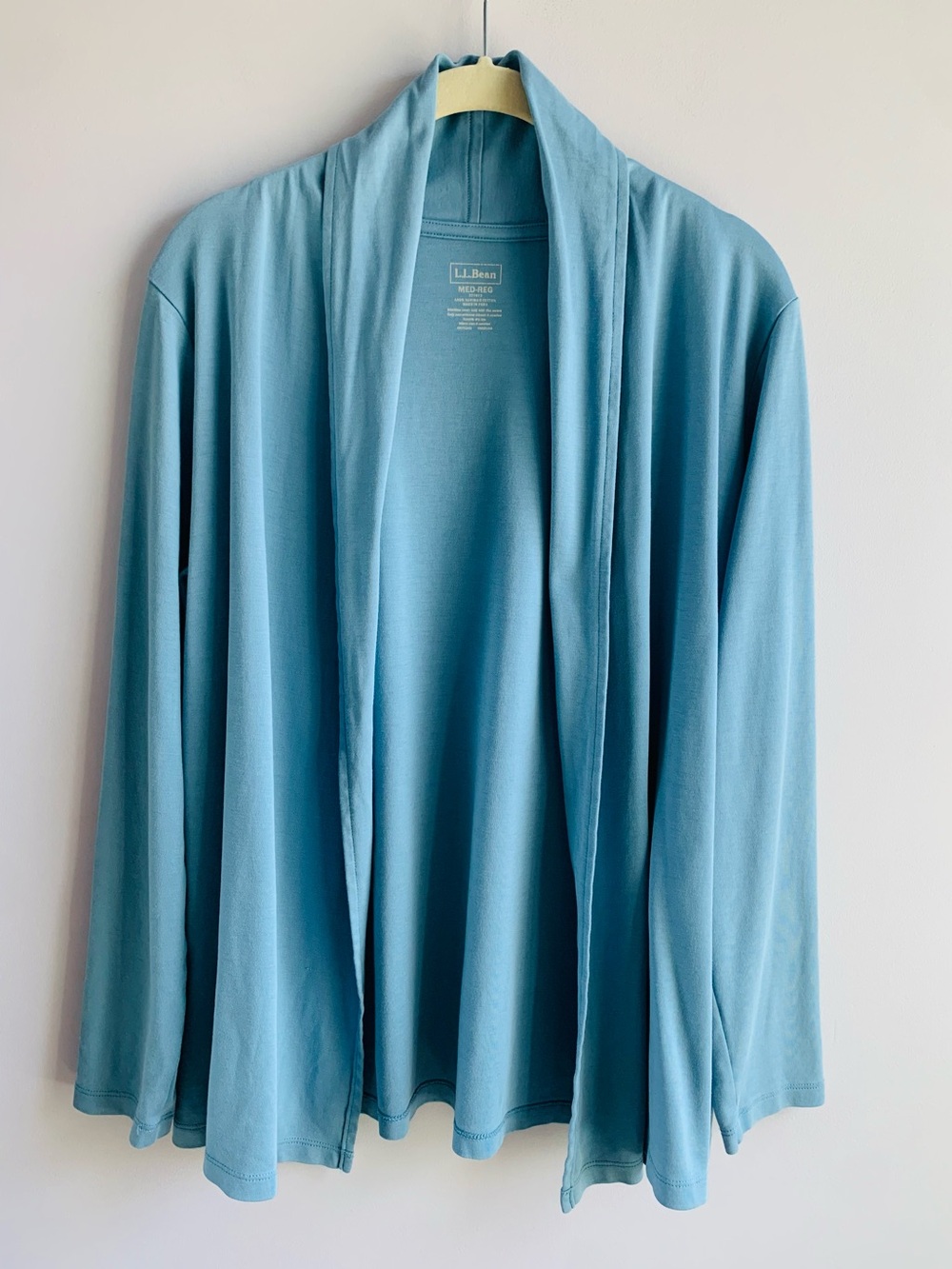 LL Bean Open Front Cardigan Pale Blue Supima Cotton Lightweight Soft EUC Medium